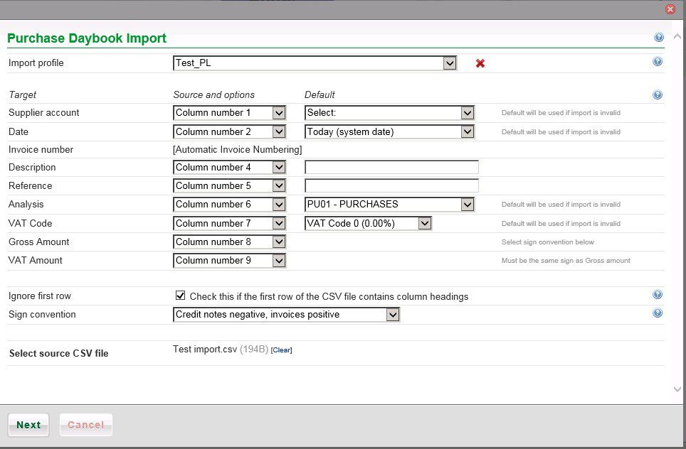 Purchase Daybook Import