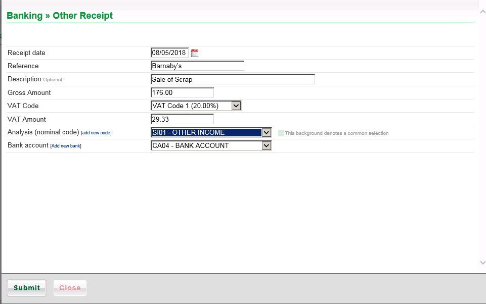 Other Receipts (Single Analysis) - Nominal