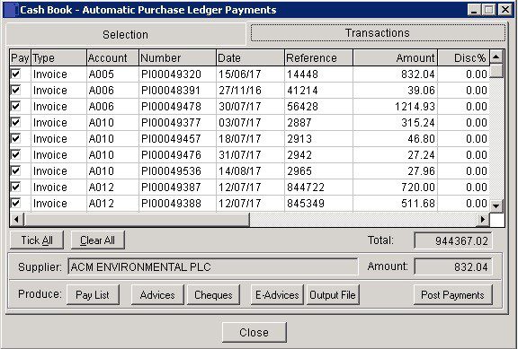 Cash Book - Purchase Ledger Batch Payments