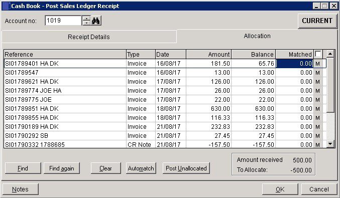 Cash Book - Post Sales Ledger Receipts