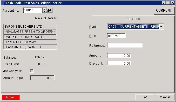 Cash Book - Post Sales Ledger Receipts