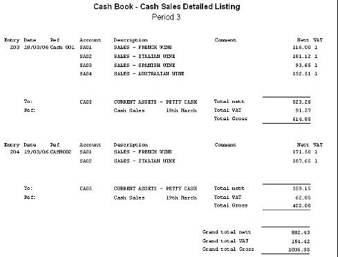 Cash Book - Cash Sales List