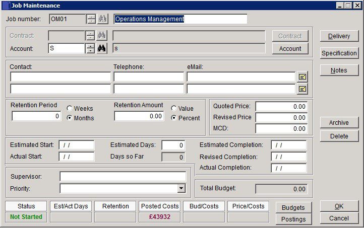 Costing - Create Or Amend Jobs Or Contracts