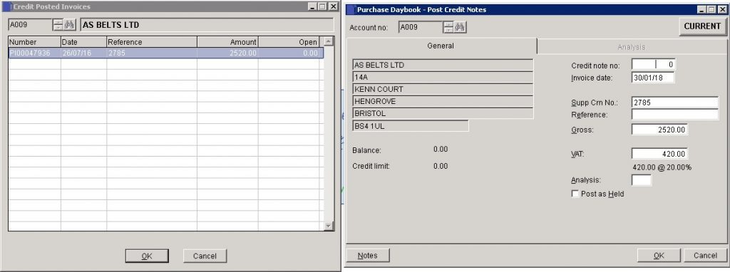 Purchase Ledger - Credit Posted Invoice