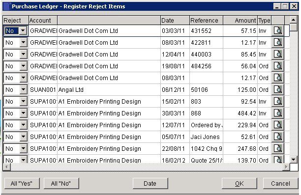 Purchase Ledger - Reject Register Items