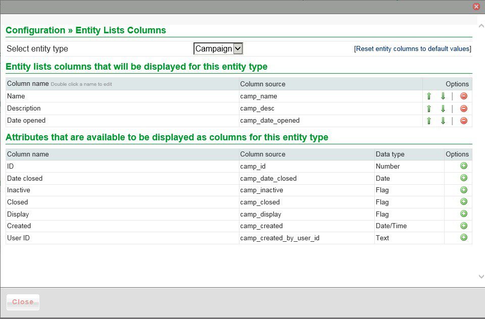 Config - Entity Lists Columns