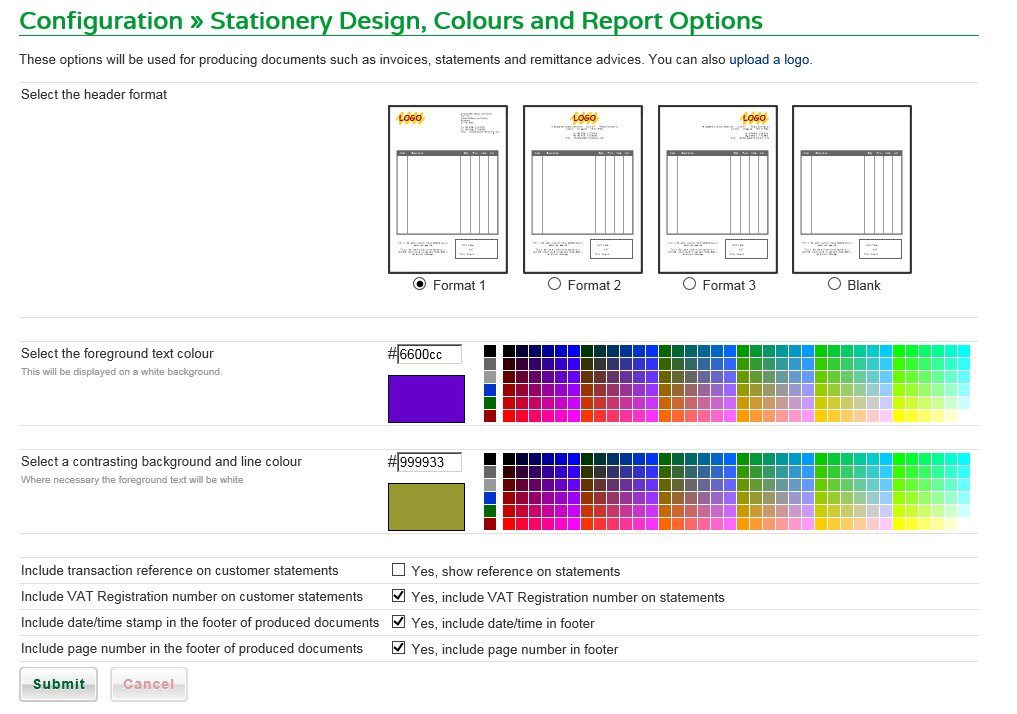 Set Stationery, Colour And Report Options