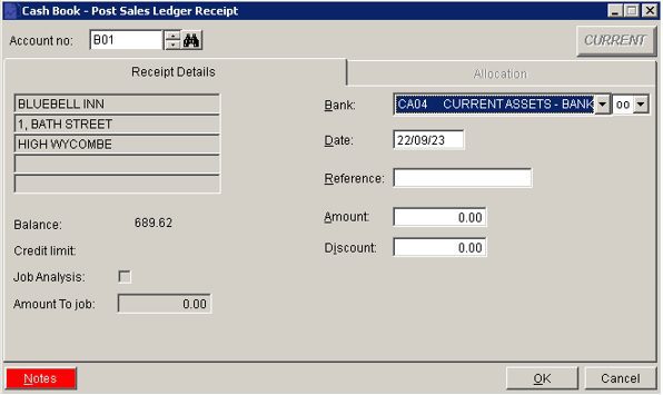 Cash Book - Post Sales Ledger Receipts